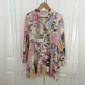 ZARA Floral Parrot Patchwork Linen Mini Dress Small Long Sleeve Spring